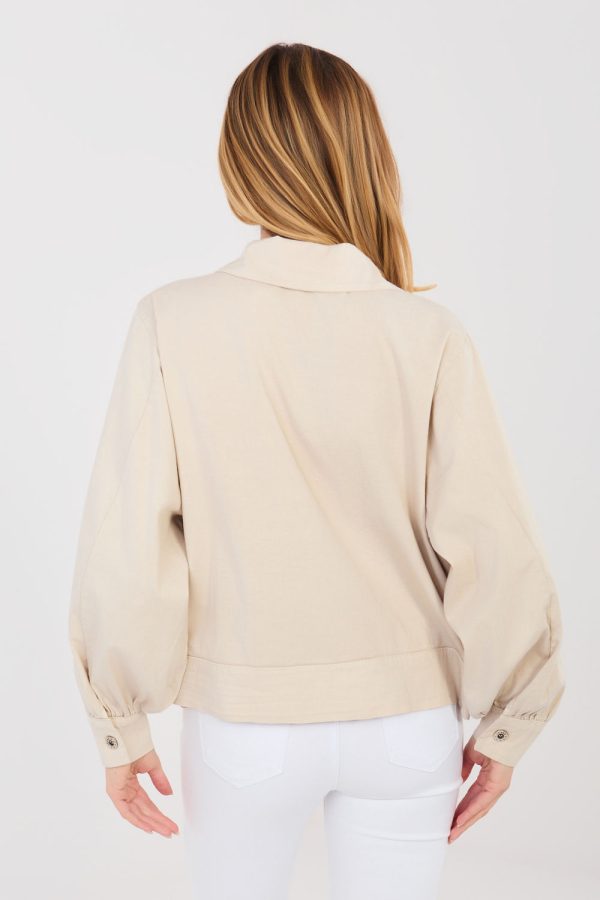 Beige Long Sleeve Shirt in Shirts For Women with Cotton and Spandex