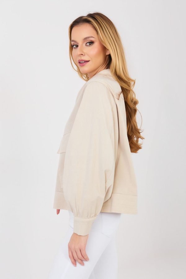Beige Long Sleeve Shirt in Shirts For Women with Cotton and Spandex