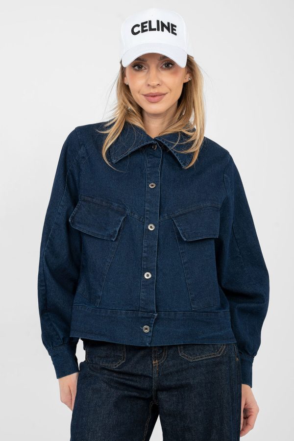 Navy Blue Denim Jacket in Women`s Coats, Jackets with Cotton, Spandex and Polyester