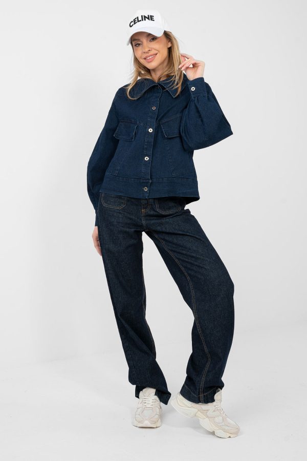 Navy Blue Denim Jacket in Women`s Coats, Jackets with Cotton, Spandex and Polyester