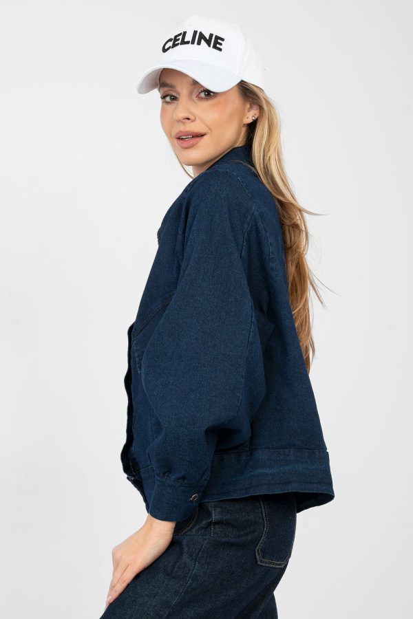 Navy Blue Denim Jacket in Women`s Coats, Jackets with Cotton, Spandex and Polyester