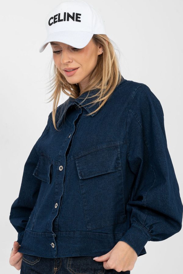 Navy Blue Denim Jacket in Women`s Coats, Jackets with Cotton, Spandex and Polyester