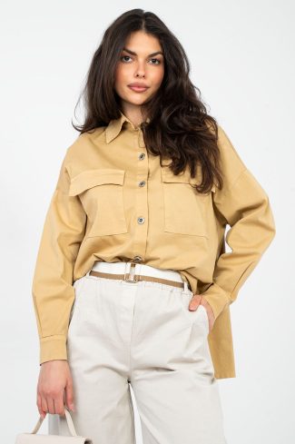 Brown Long Sleeve Shirt in Shirts For Women with Cotton and Spandex