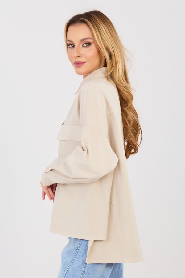 Beige Long Sleeve Shirt in Shirts For Women with Cotton and Spandex