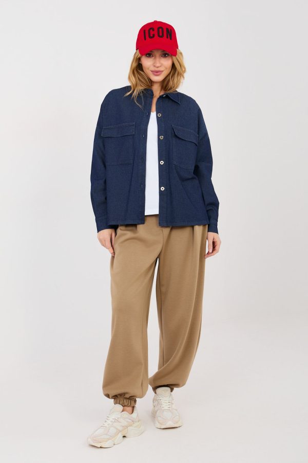 Navy Blue Long Sleeve Shirt in Shirts For Women with Cotton, Spandex and Polyester