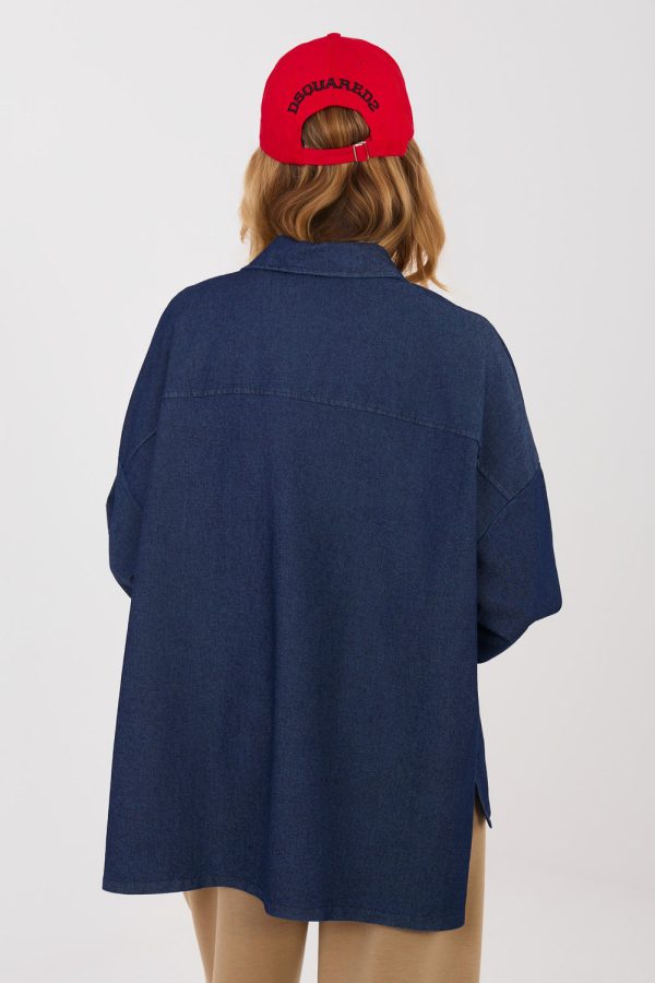 Navy Blue Long Sleeve Shirt in Shirts For Women with Cotton, Spandex and Polyester