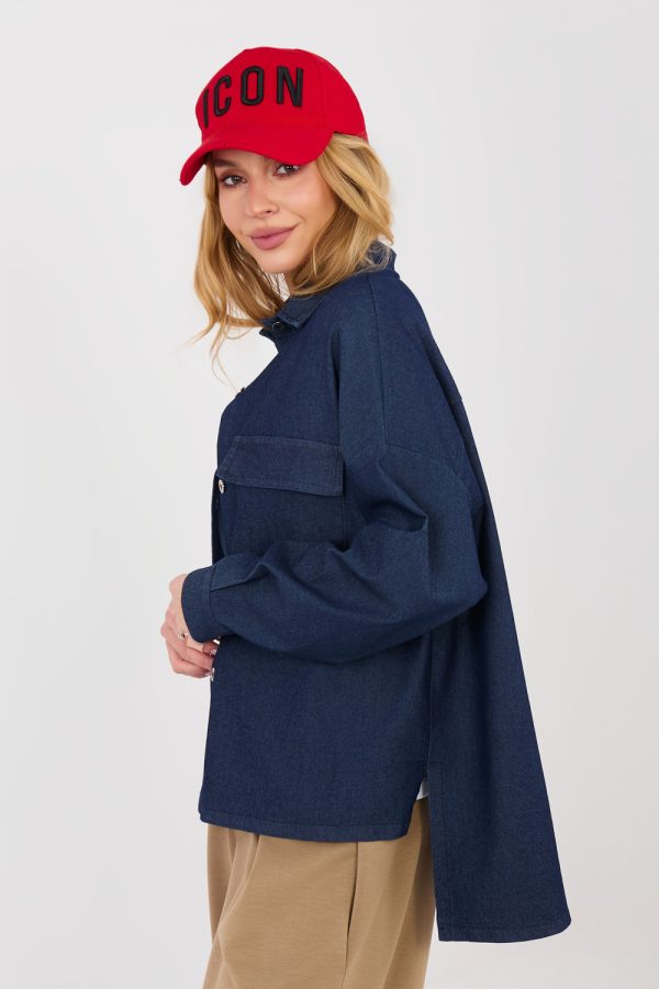 Navy Blue Long Sleeve Shirt in Shirts For Women with Cotton, Spandex and Polyester