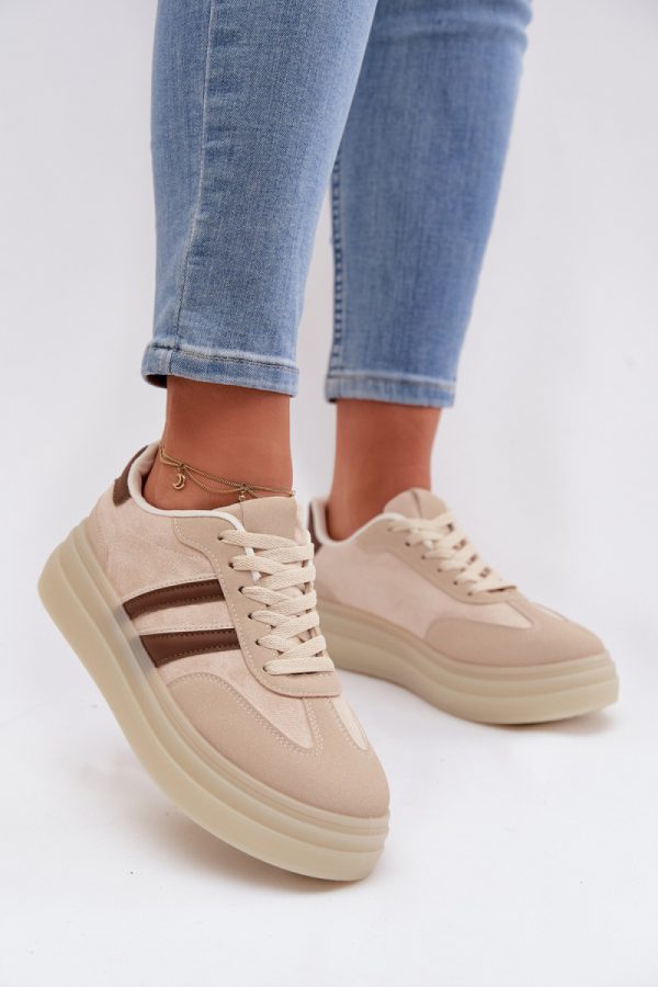 Beige Platform Sneakers in Women`s Athletic Shoes, Trainers, Sneakers with Fabric, Footbed, Upper Height and Platform Height