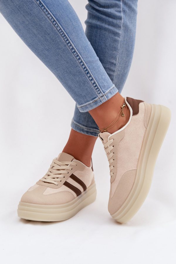 Beige Platform Sneakers in Women`s Athletic Shoes, Trainers, Sneakers with Fabric, Footbed, Upper Height and Platform Height