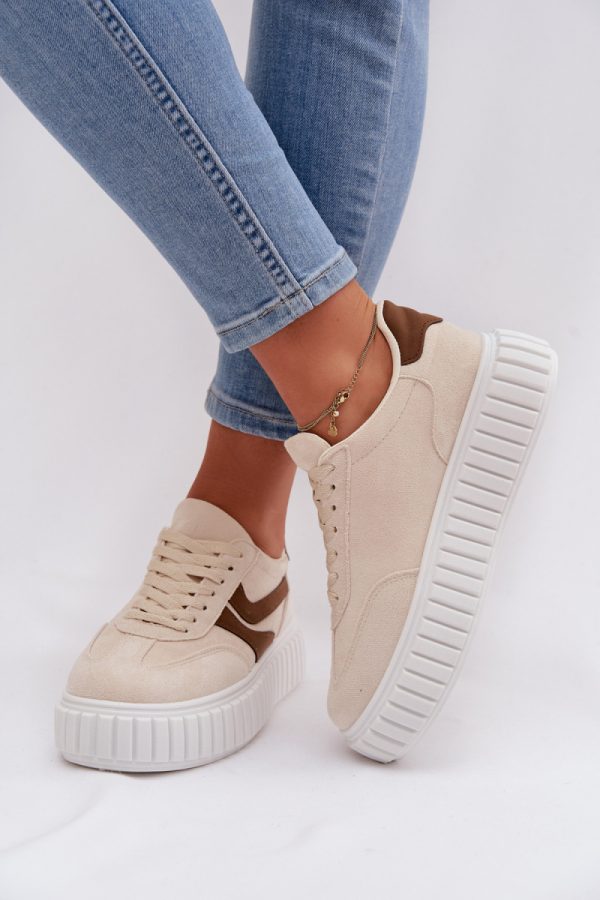 Beige Sport Shoes in Women`s Athletic Shoes, Trainers, Sneakers with Fabric, Footbed, Upper Height and Platform Height