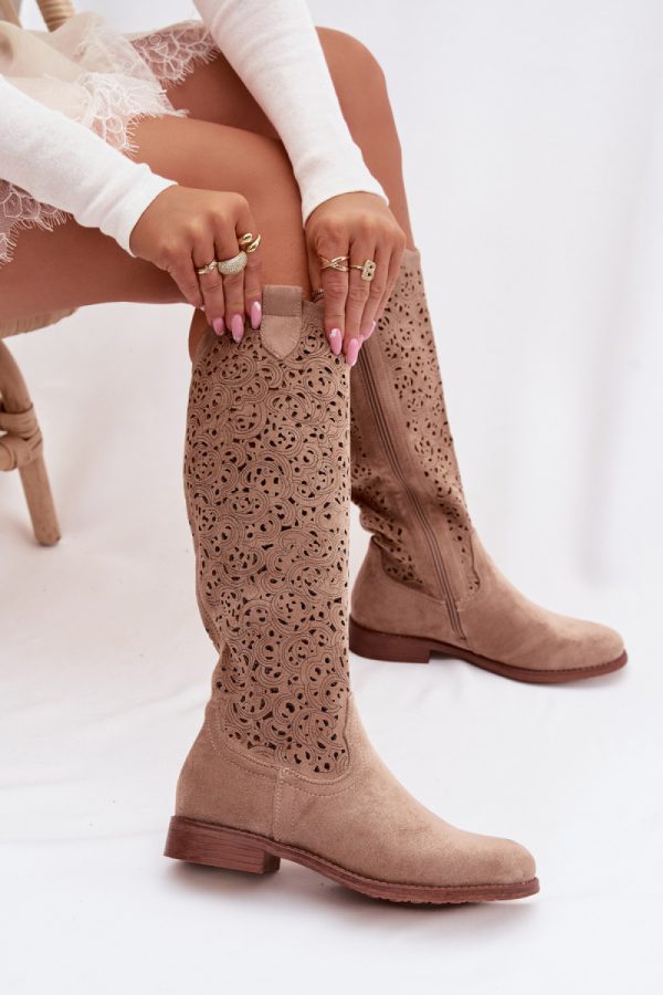 Beige Open-work Boots in Over The Knee High Boots, Thigh High Boots with Fabric, Footbed, Upper Height and Heel Height