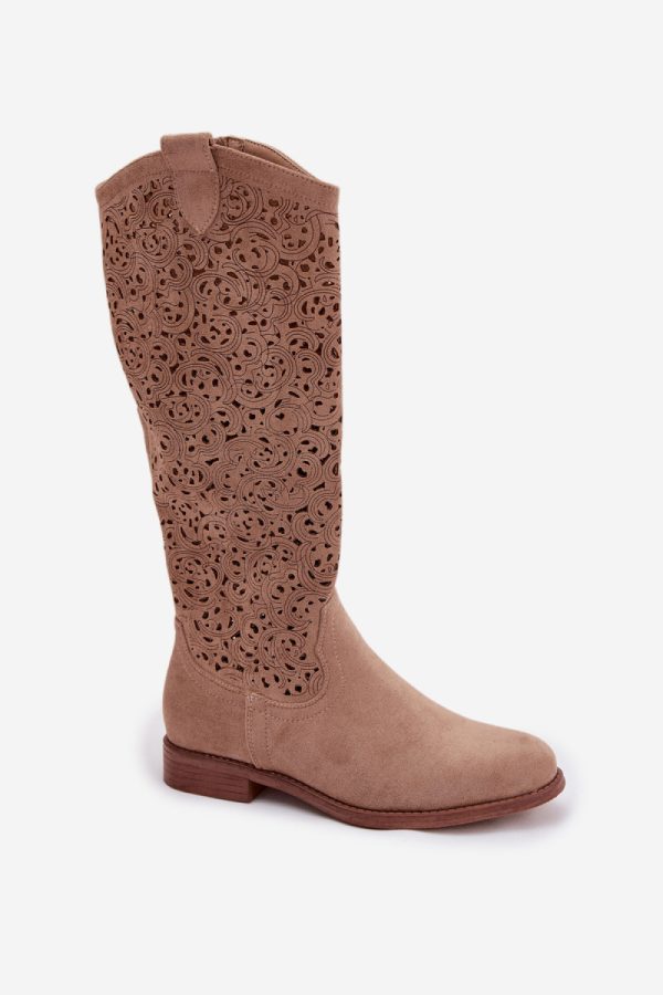 Beige Open-work Boots in Over The Knee High Boots, Thigh High Boots with Fabric, Footbed, Upper Height and Heel Height