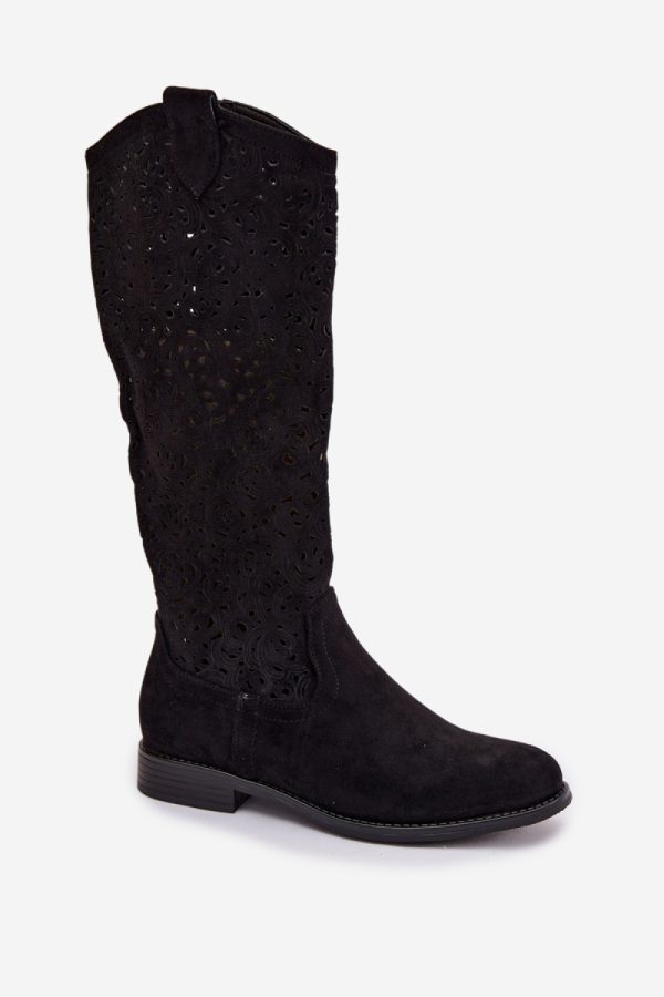 Black Open-work Boots in Over The Knee High Boots, Thigh High Boots with Fabric, Footbed, Upper Height and Heel Height
