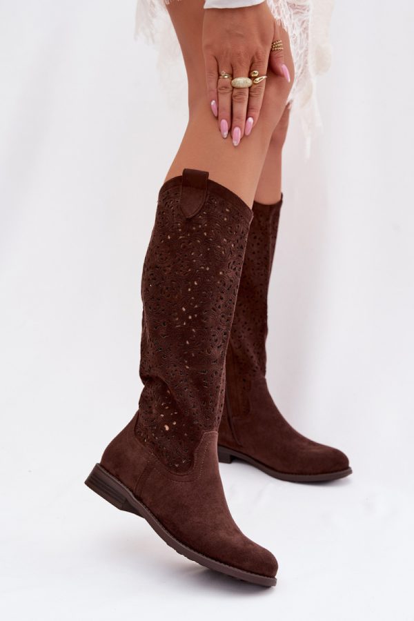 Brown Open-work Boots in Over The Knee High Boots, Thigh High Boots with Fabric, Footbed, Upper Height and Heel Height