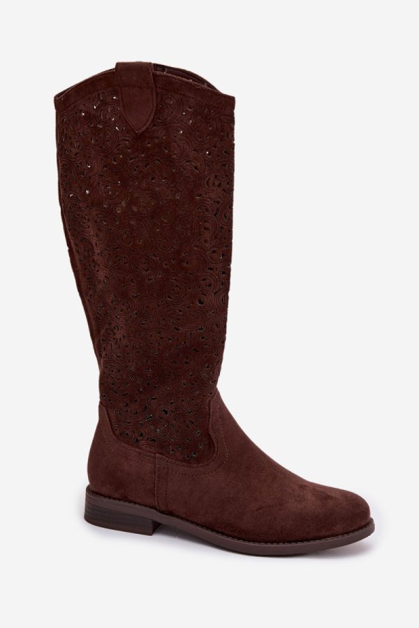 Brown Open-work Boots in Over The Knee High Boots, Thigh High Boots with Fabric, Footbed, Upper Height and Heel Height