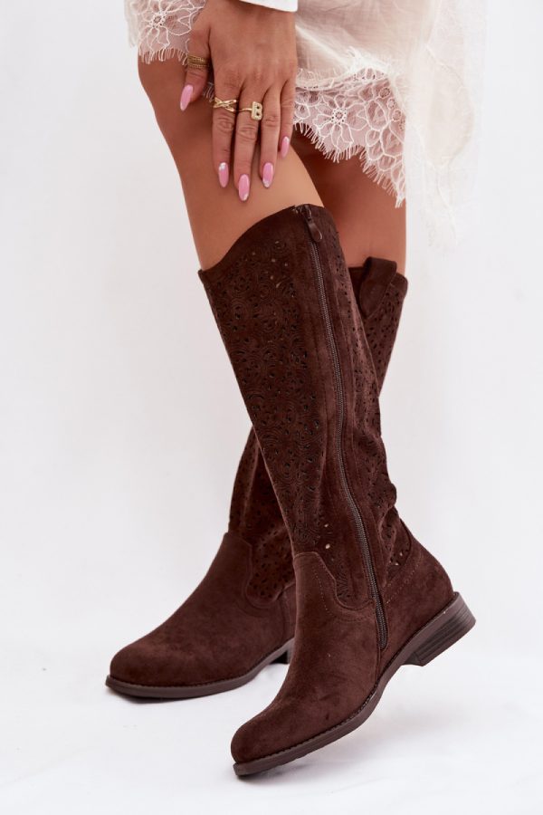 Brown Open-work Boots in Over The Knee High Boots, Thigh High Boots with Fabric, Footbed, Upper Height and Heel Height