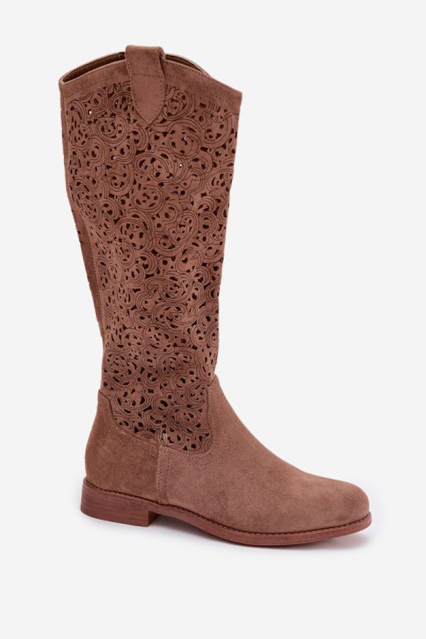 Brown Open-work Boots in Over The Knee High Boots, Thigh High Boots with Fabric, Footbed, Upper Height and Heel Height