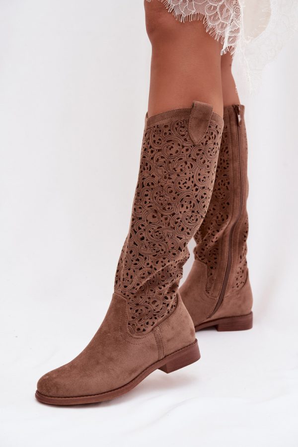 Brown Open-work Boots in Over The Knee High Boots, Thigh High Boots with Fabric, Footbed, Upper Height and Heel Height