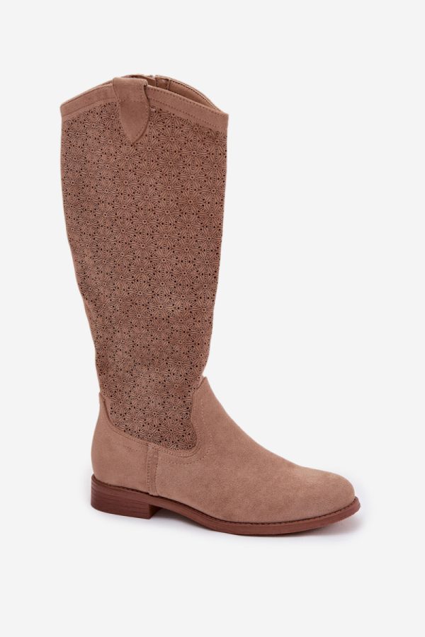 Beige Open-work Boots in Over The Knee High Boots, Thigh High Boots with Fabric, Footbed, Upper Height and Heel Height