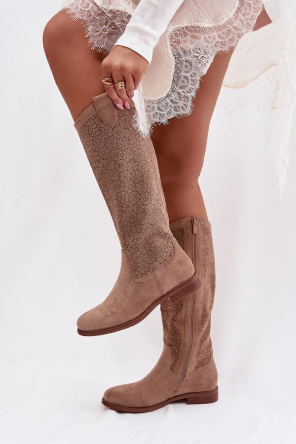 Beige Open-work Boots in Over The Knee High Boots, Thigh High Boots with Fabric, Footbed, Upper Height and Heel Height