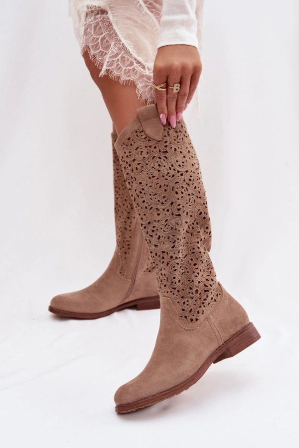 Beige Open-work Boots in Over The Knee High Boots, Thigh High Boots with Fabric, Footbed, Upper Height and Heel Height