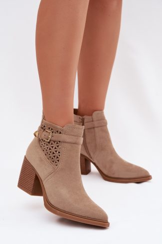 Beige Heel Boots in Women`s Ankle Boots & Booties with Fabric, Footbed, Upper Height and Heel Height