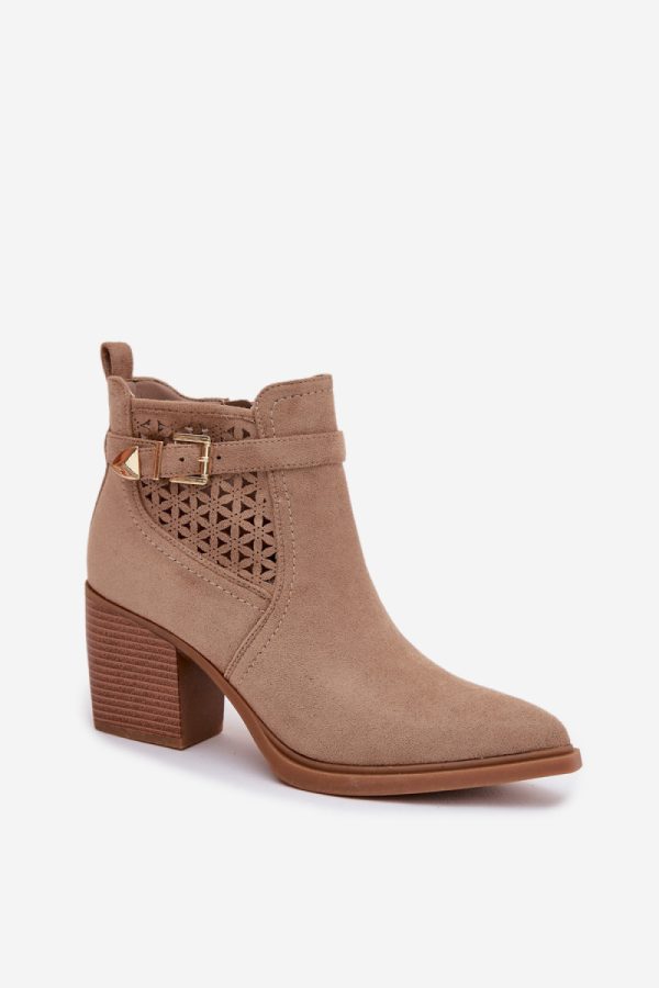 Beige Heel Boots in Women`s Ankle Boots & Booties with Fabric, Footbed, Upper Height and Heel Height