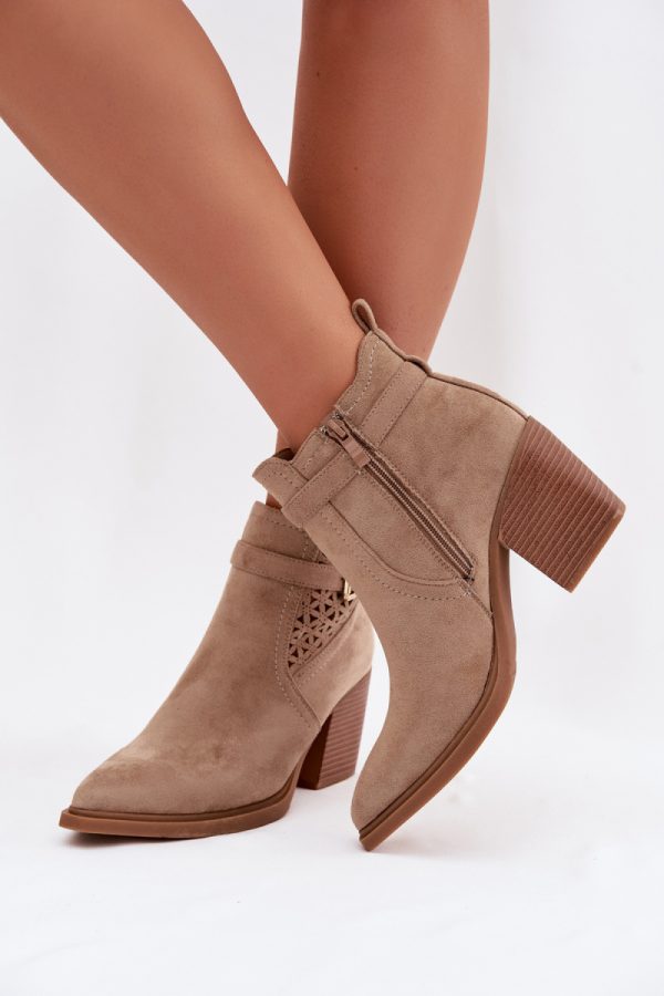 Beige Heel Boots in Women`s Ankle Boots & Booties with Fabric, Footbed, Upper Height and Heel Height