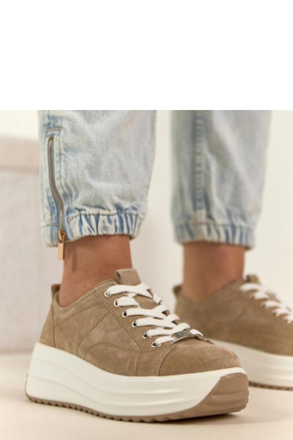 Beige Platform Sneakers in Women`s Athletic Shoes, Trainers, Sneakers with Fabric, Footbed and Platform Height