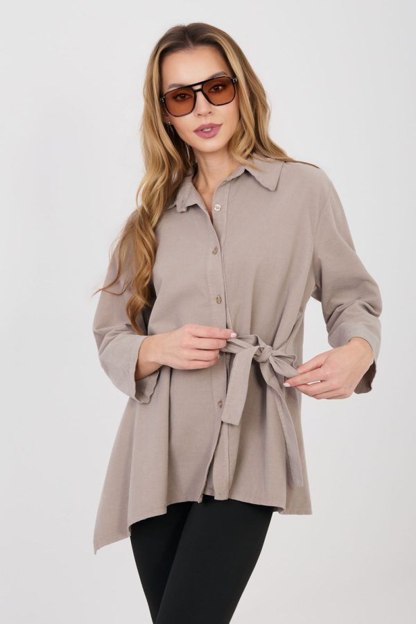 Beige Long Sleeve Shirt in Shirts For Women with Cotton and Spandex