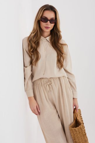 Beige Long Sleeve Shirt in Shirts For Women with Cotton, Len and Lyocel
