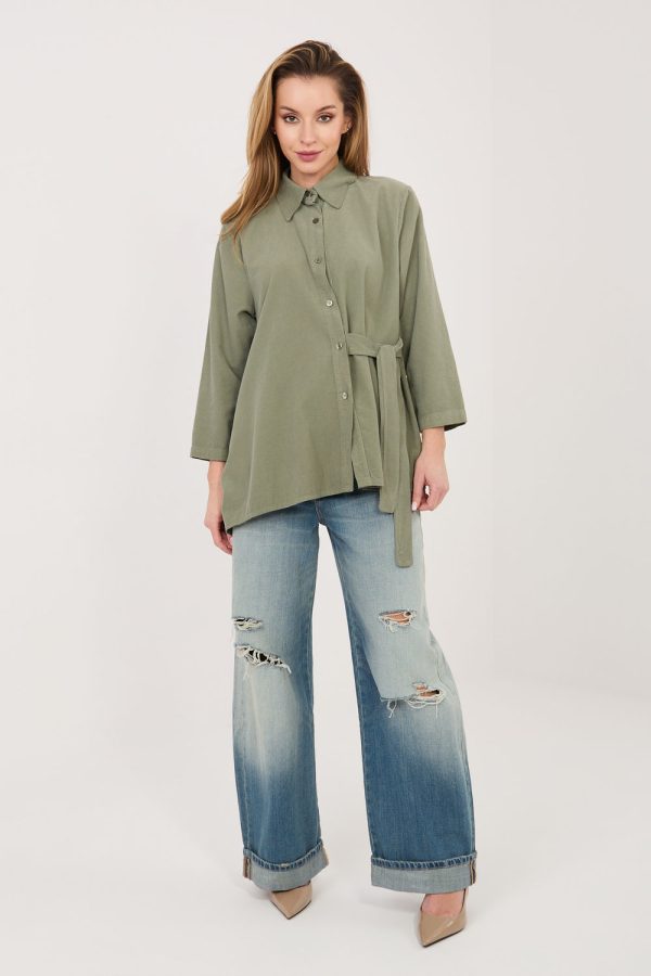 Green Long Sleeve Shirt in Shirts For Women with Cotton and Spandex