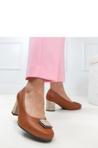 Brown Block Heel Pumps.Fabric, Footbed and Heel Height