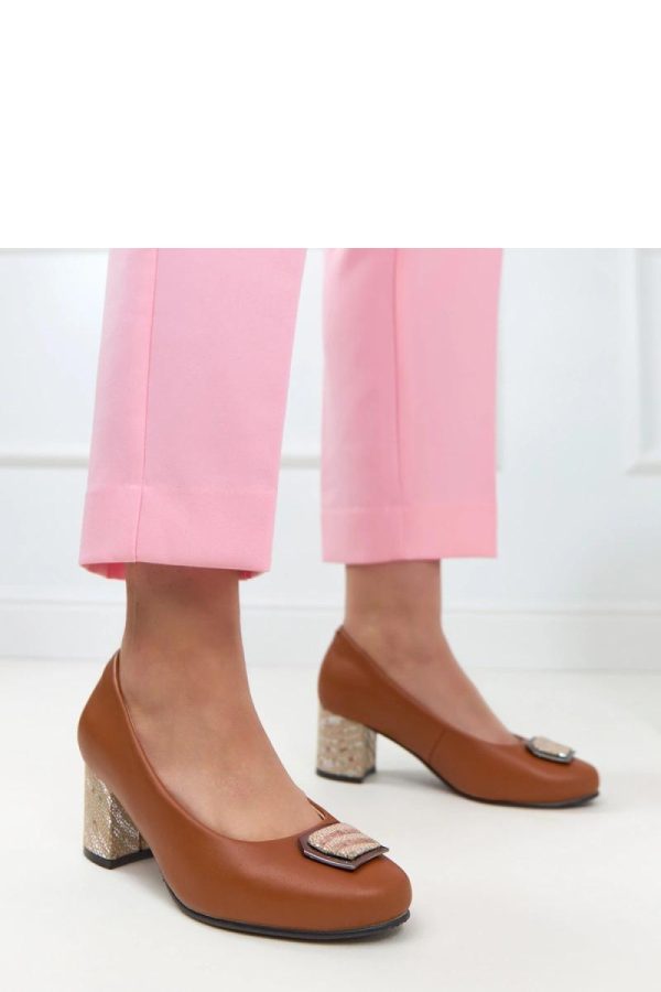 Brown Block Heel Pumps in High Heel Pumps with Fabric, Footbed and Heel Height