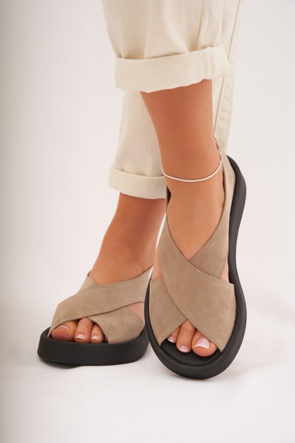 Beige Sandals.Fabric, Footbed and Platform Height