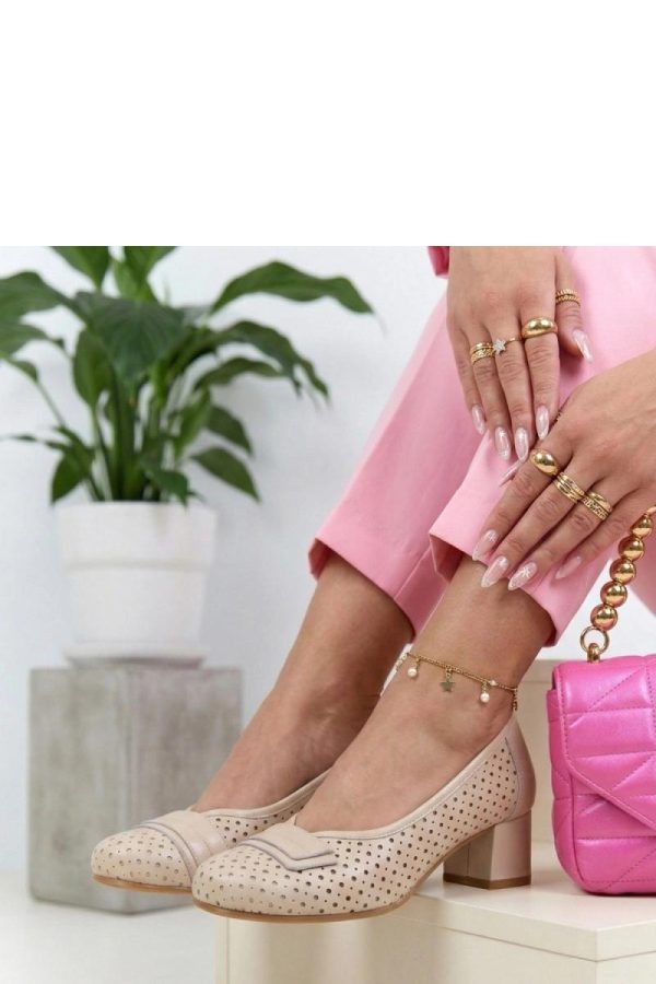 Beige Block Heel Pumps.Fabric, Footbed and Heel Height
