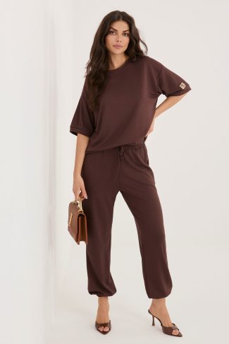 Brown Set in Pants, Trousers, Shorts with Spandex and Viscose