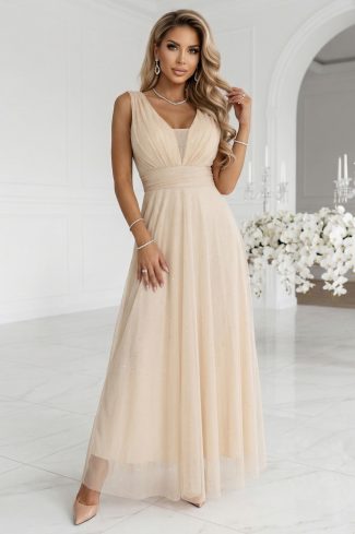 Beige Long Dress in Evening Dresses with Spandex and Polyester