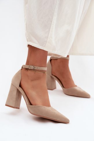 Beige Block Heel Pumps in High Heel Pumps with Fabric, Footbed and Heel Height