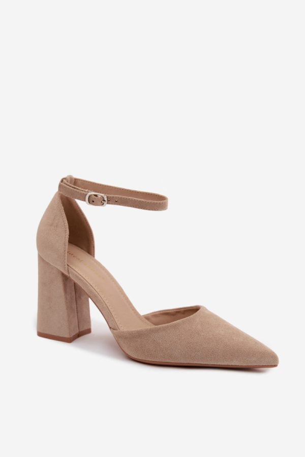 Beige Block Heel Pumps in High Heel Pumps with Fabric, Footbed and Heel Height