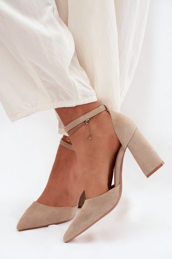 Beige Block Heel Pumps in High Heel Pumps with Fabric, Footbed and Heel Height