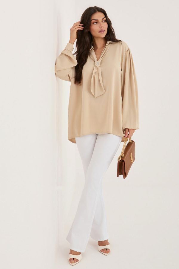 Beige Blouse in Women`s Blouses, Tunics with Polyester