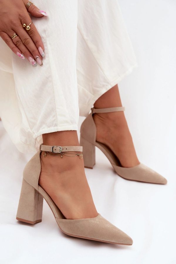 Beige Block Heel Pumps in High Heel Pumps with Fabric, Footbed and Heel Height