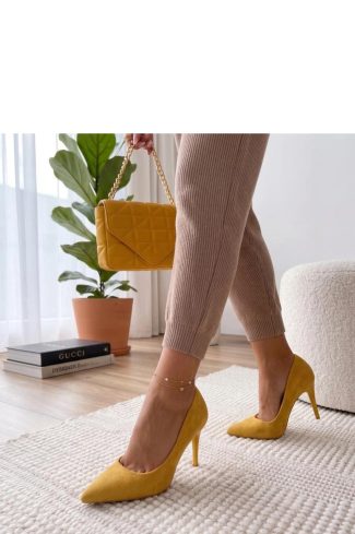 Yellow High Heels.Fabric, Footbed and Heel Height