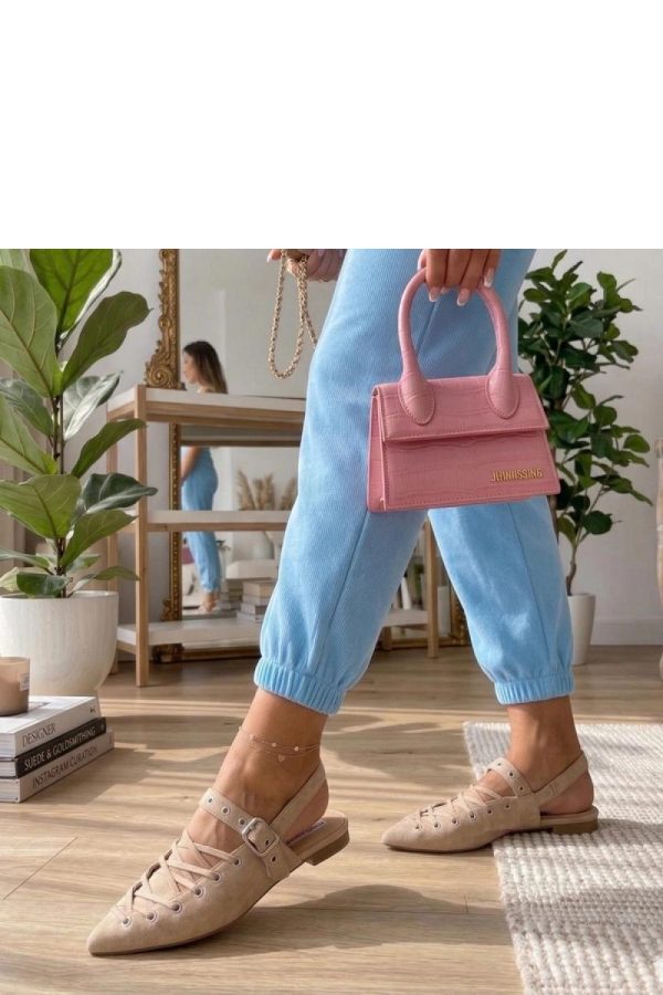 Beige Ballet Flats.Fabric, Footbed and Heel Height