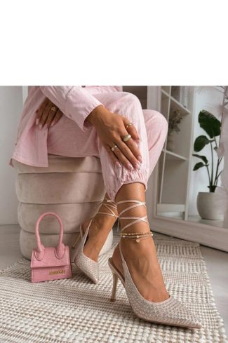 Beige Strappy High Heels.Fabric, Footbed and Heel Height