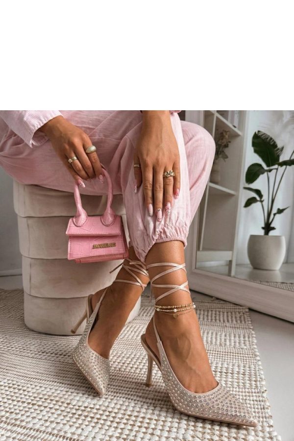 Beige Strappy High Heels.Fabric, Footbed and Heel Height