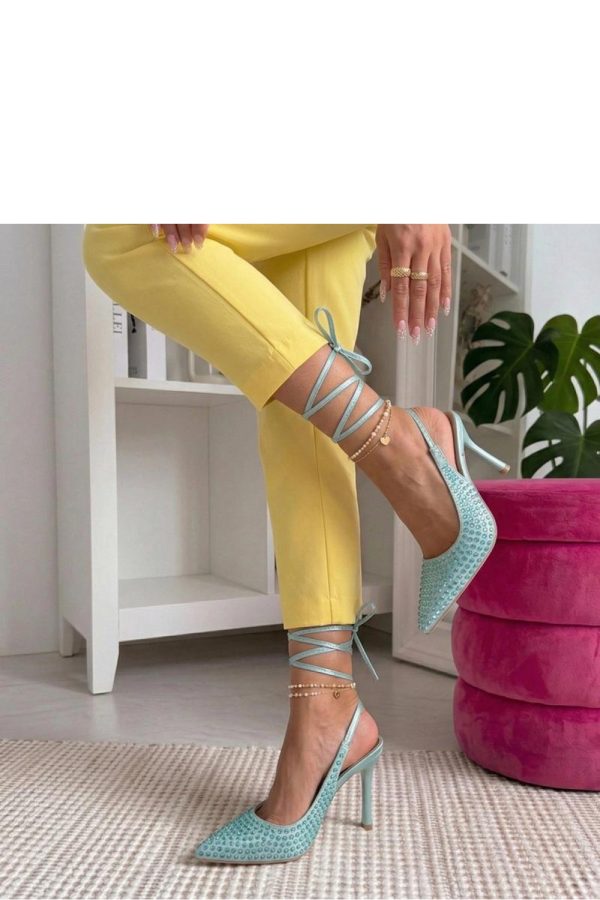 Blue Strappy High Heels.Fabric, Footbed and Heel Height