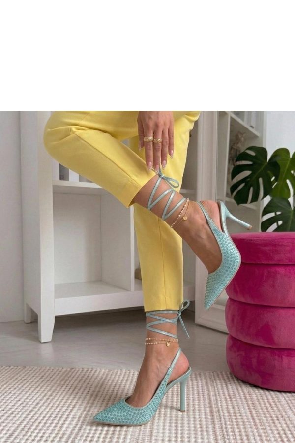 Blue Strappy High Heels.Fabric, Footbed and Heel Height