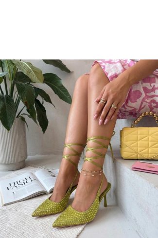 Green Strappy High Heels.Fabric, Footbed and Heel Height
